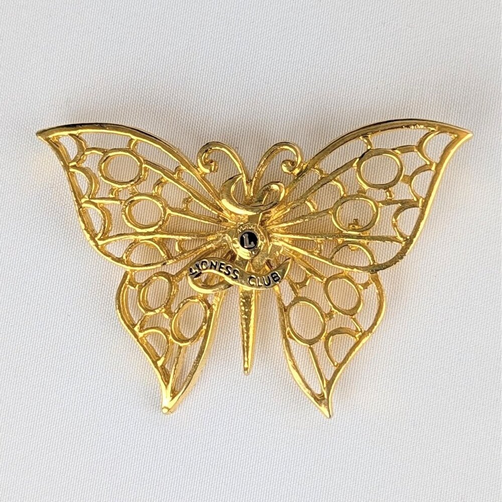 Vintage Gold Tone Butterfly Statement Brooch Lion’s Club Lioness Recognition Pin